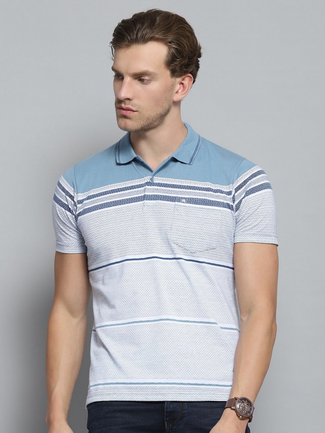 

Monte Carlo Men Striped Polo Collar Pockets T-shirt, Blue