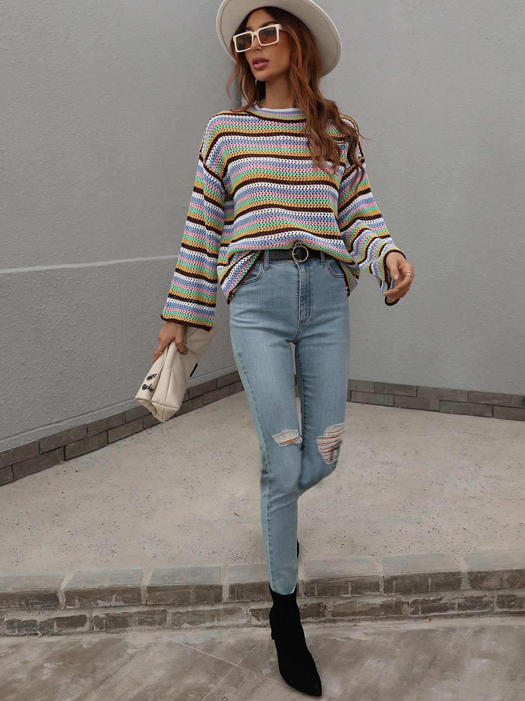 

Oh Rare Women Striped Pullover, White