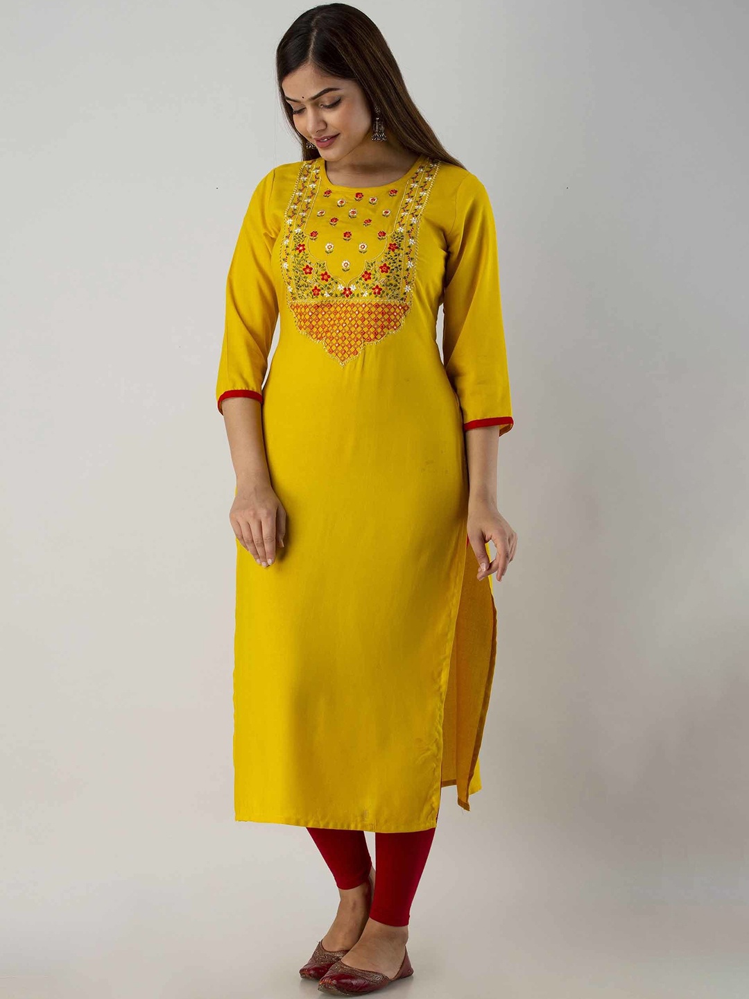 

KALINI Women Floral Embroidered Kurta, Mustard