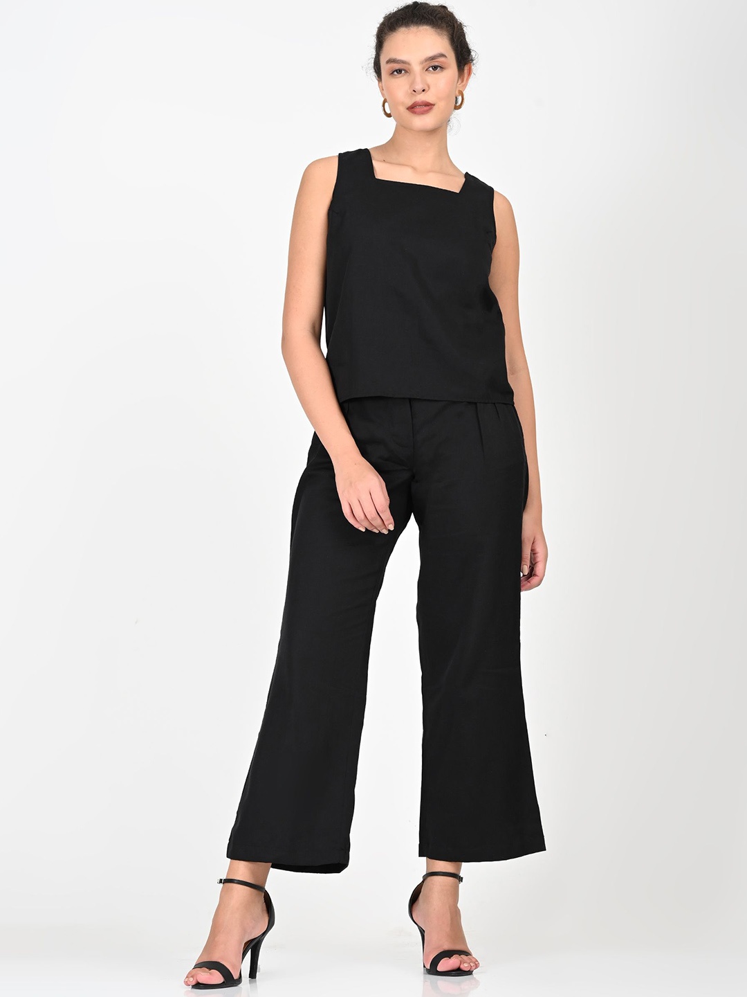 

Saltpetre Women Black Square Neck Top With Wide Leg Trousers Set
