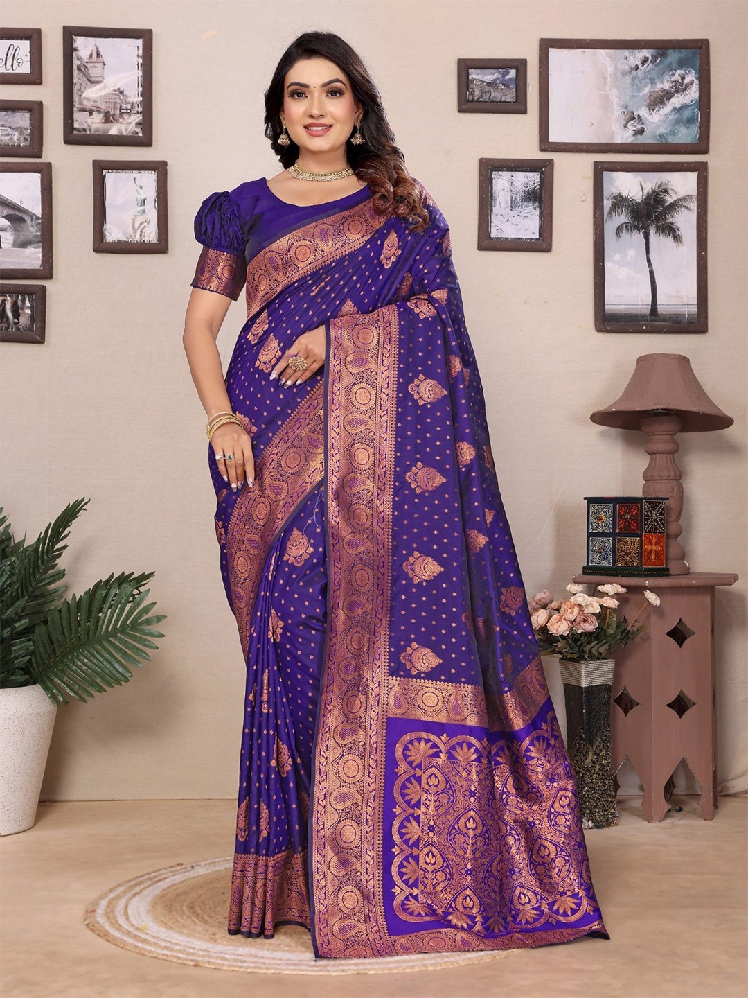 

Panzora Woven Design Zari Silk Blend Banarasi Saree, Blue