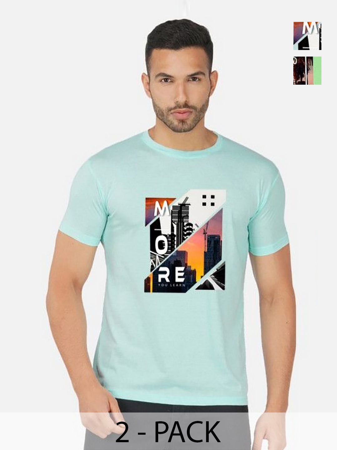 

GLOBAL NOMAD Men 2 Printed Bio Finish Applique T-shirt, Turquoise blue