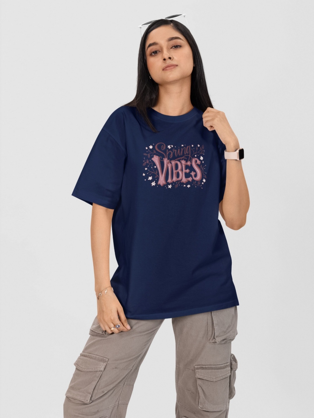 

Moda Rapido Women Printed Drop-Shoulder Sleeves Applique T-shirt, Navy blue