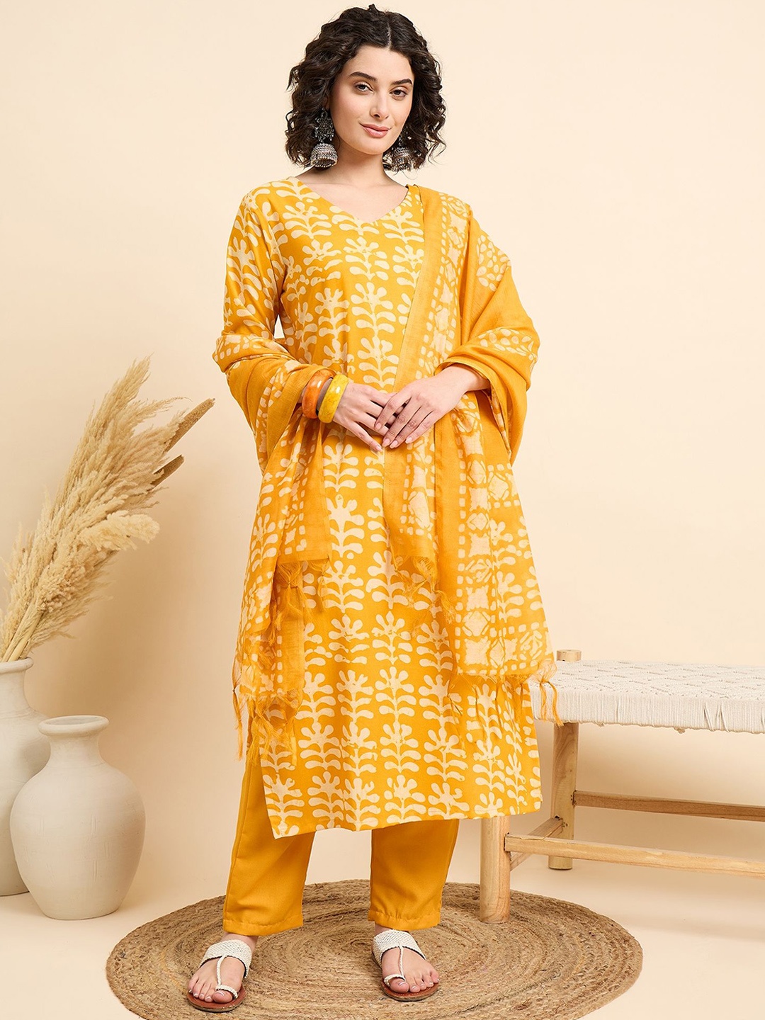 

KALINI Women Ethnic Motifs Printed Regular Kurta with Trousers & With Dupatta, Yellow