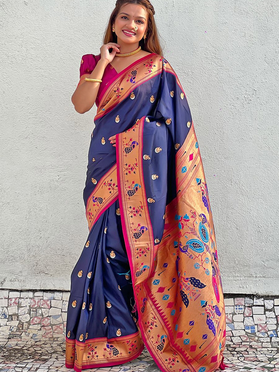 

all about you Woven Design Zari Silk Blend Paithani Saree, Navy blue