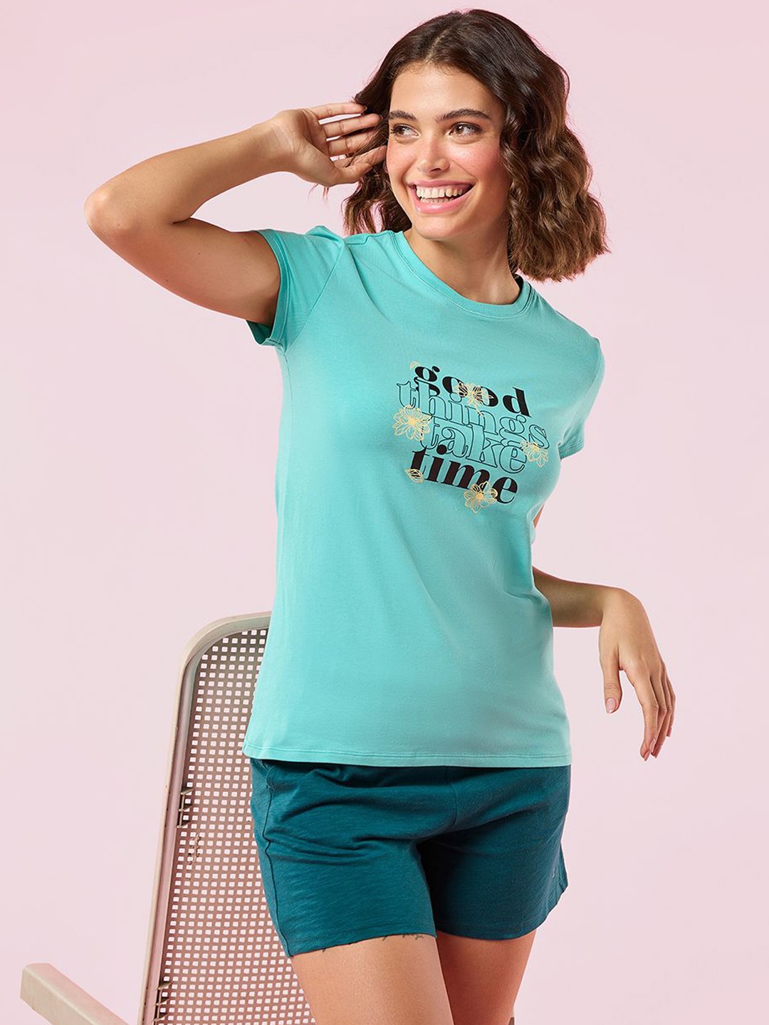 

Enamor Graphic Printed Round Crew Neck Lounge T-Shirt, Blue