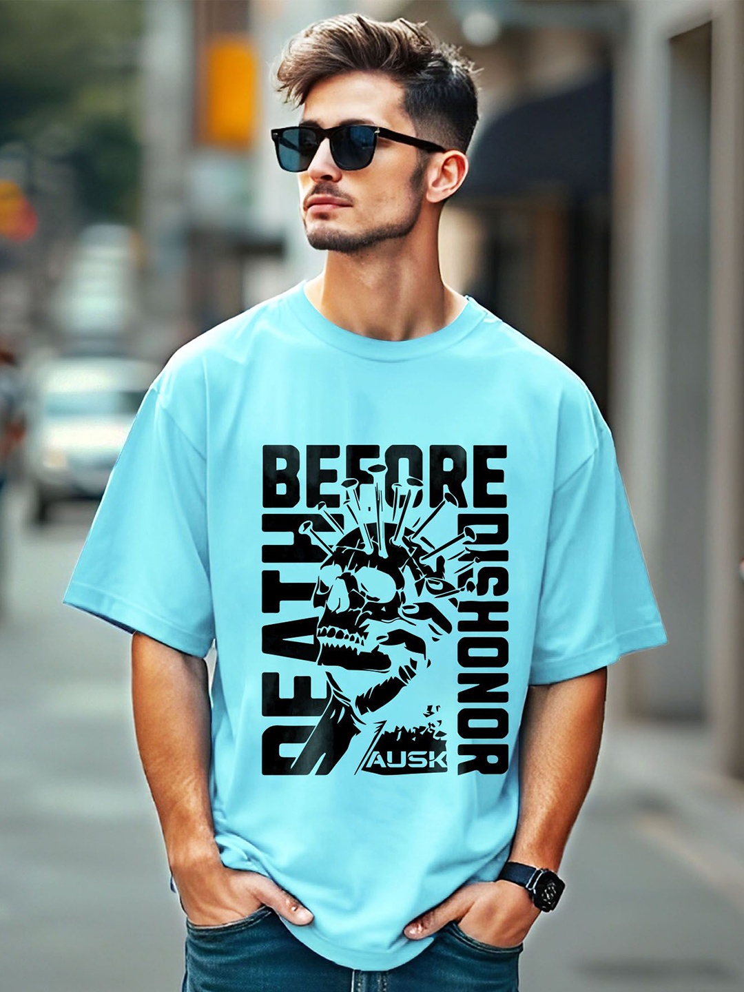 

AUSK Men Printed Applique T-shirt, Blue