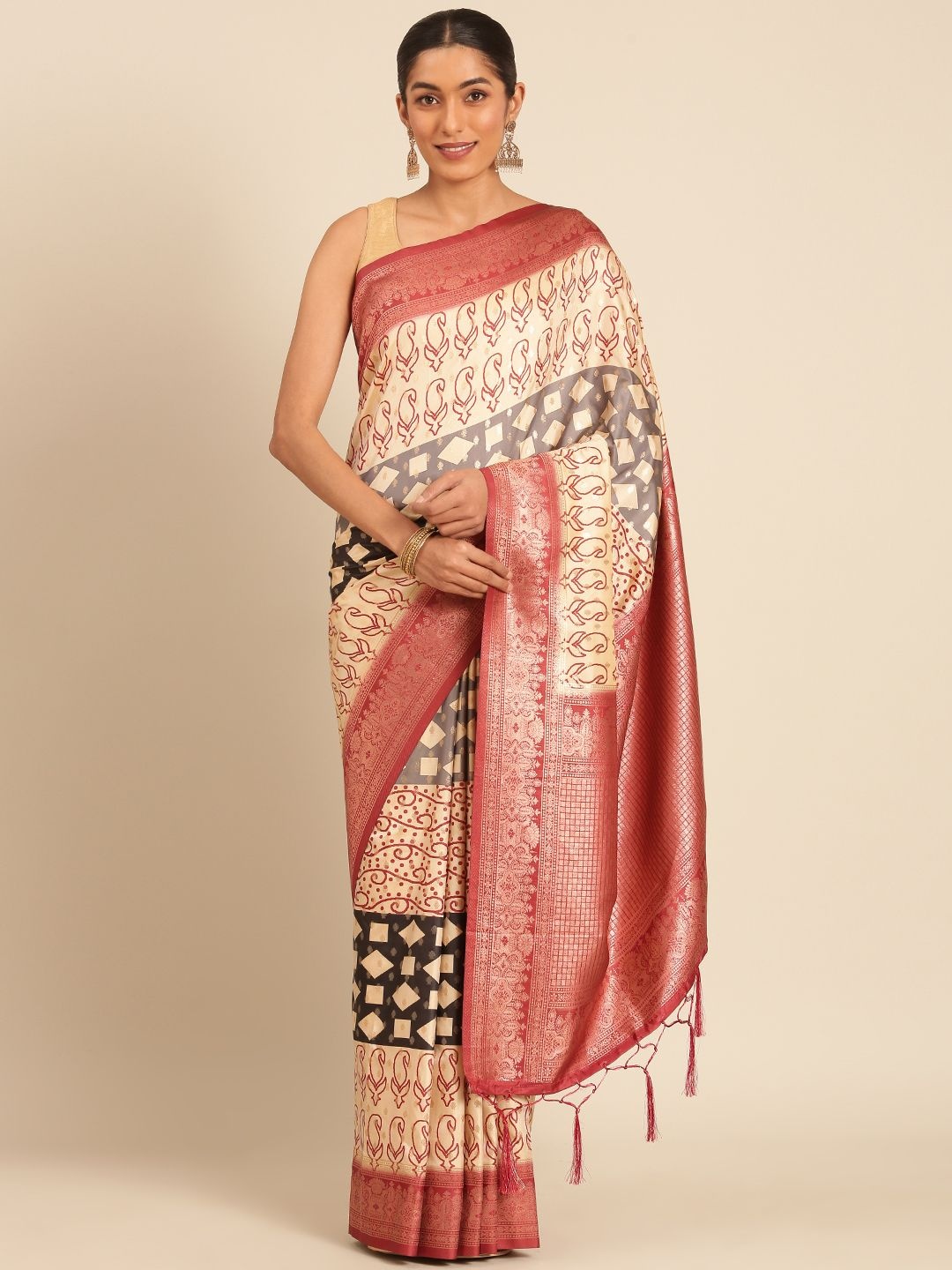 

LeeliPeeri Designer Paisley Zari Silk Blend Saree, Cream