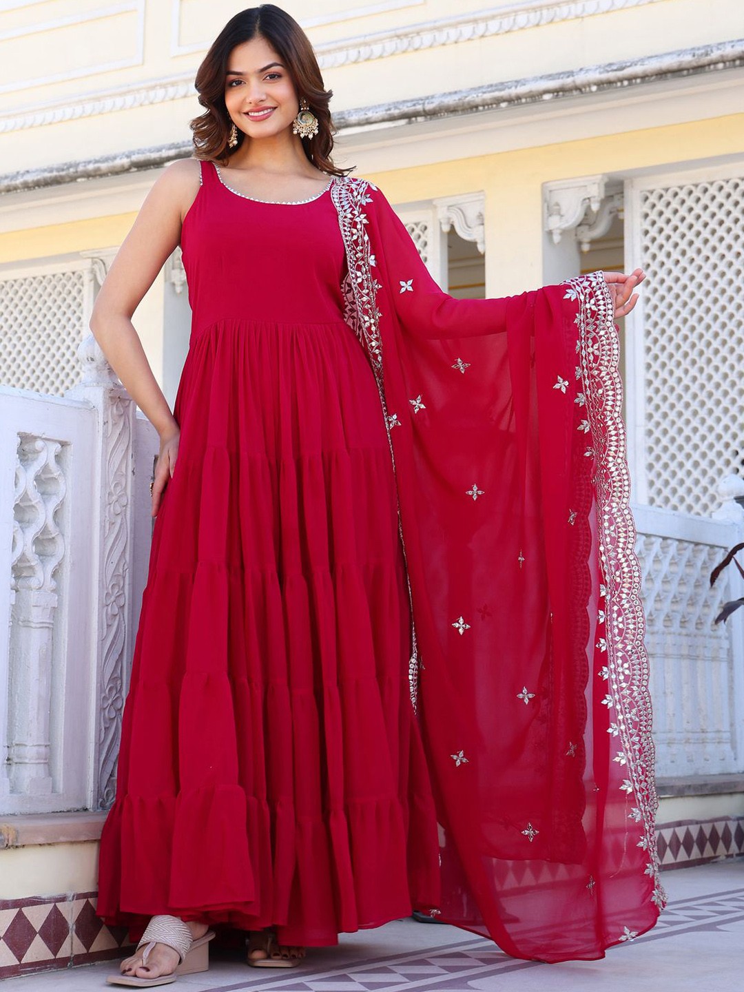 

Wedani Women Layered Kurta with Pyjamas & With Dupatta, Pink