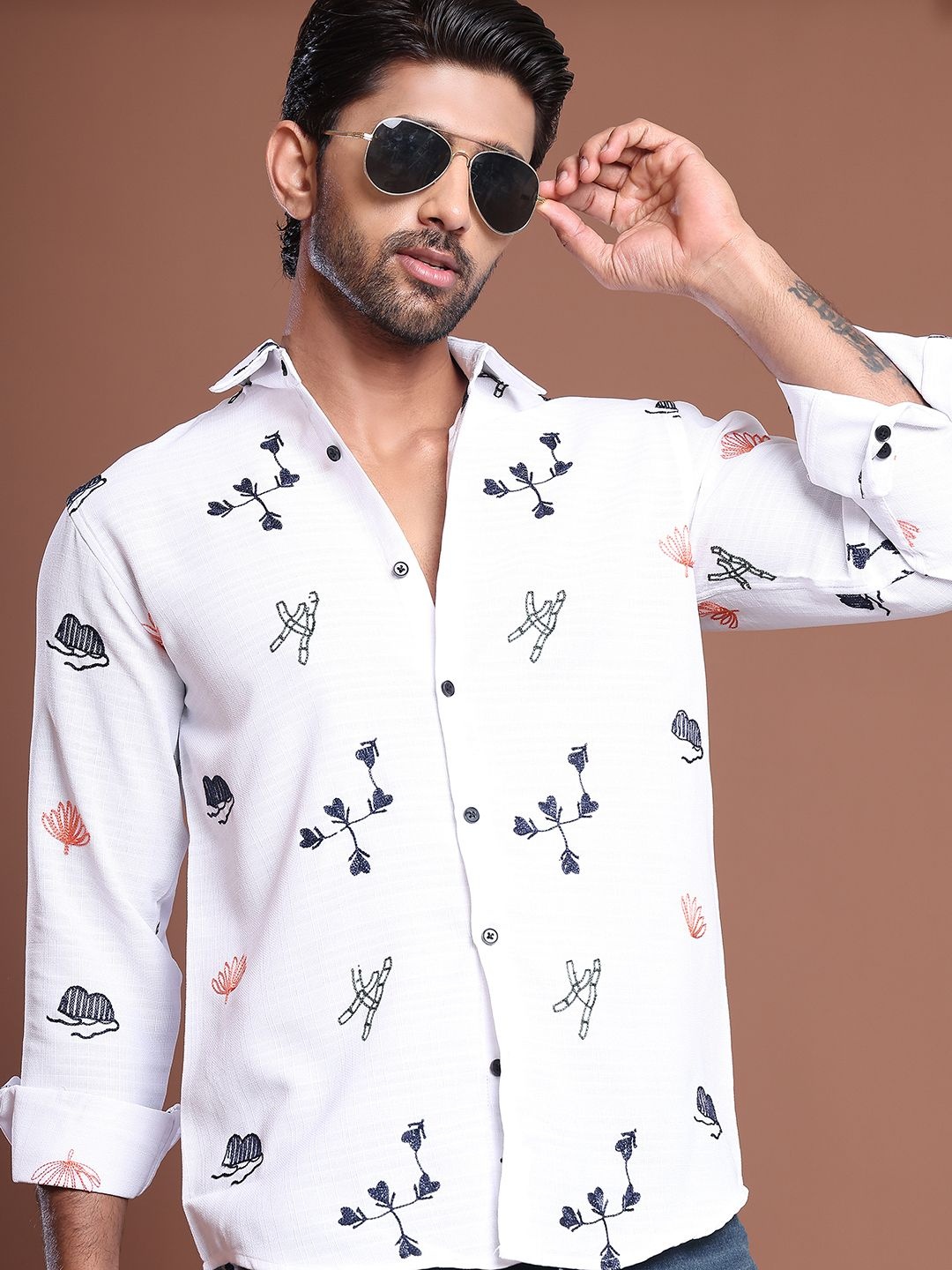 

Indian Needle Men Classic Floral Opaque Casual Shirt, White