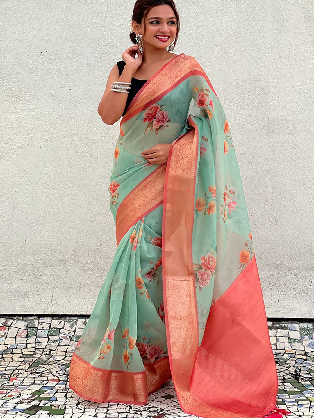 

all about you Floral Zari Tissue Banarasi Saree, Sea green