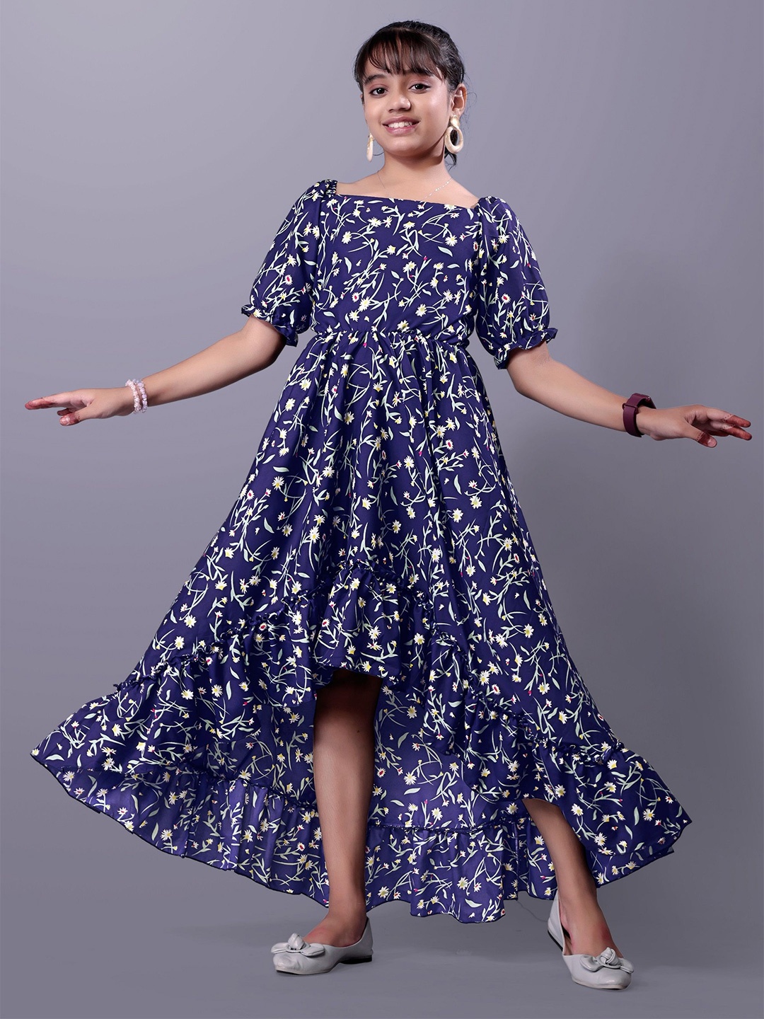 

Aarya Designer Floral Print Puff Sleeve Ruffled Crepe Fit & Flare Maxi Dress, Navy blue