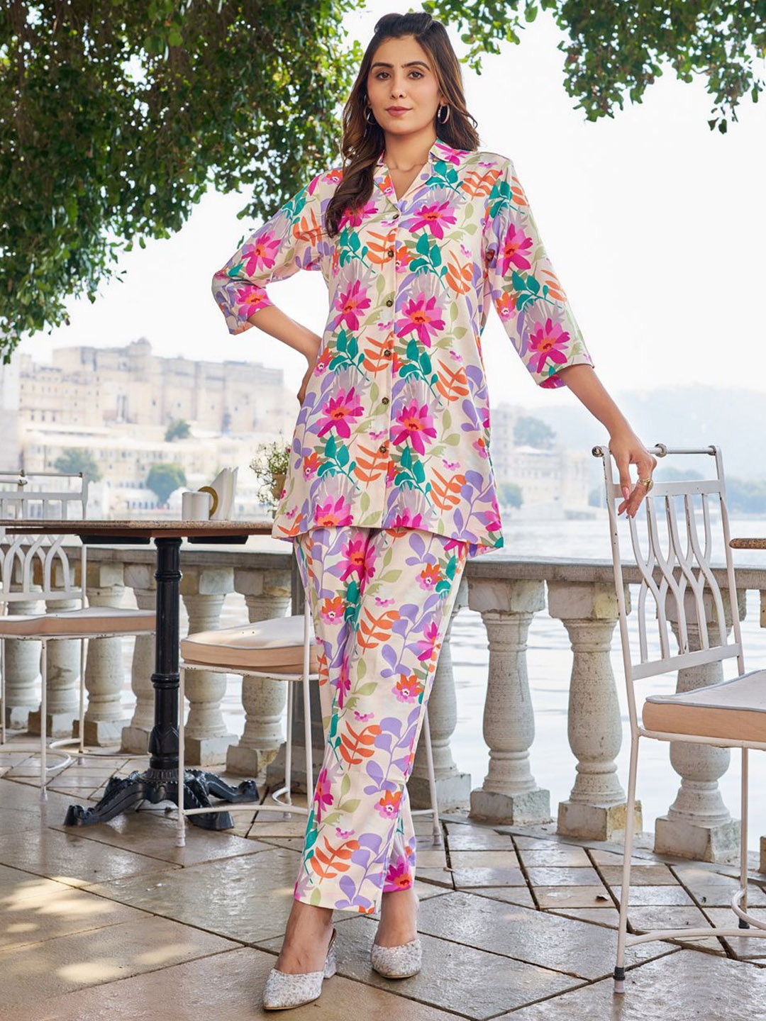 

Moda Rapido Printed Shirt-Neck Shirt With Trouser Co-Ords, Cream