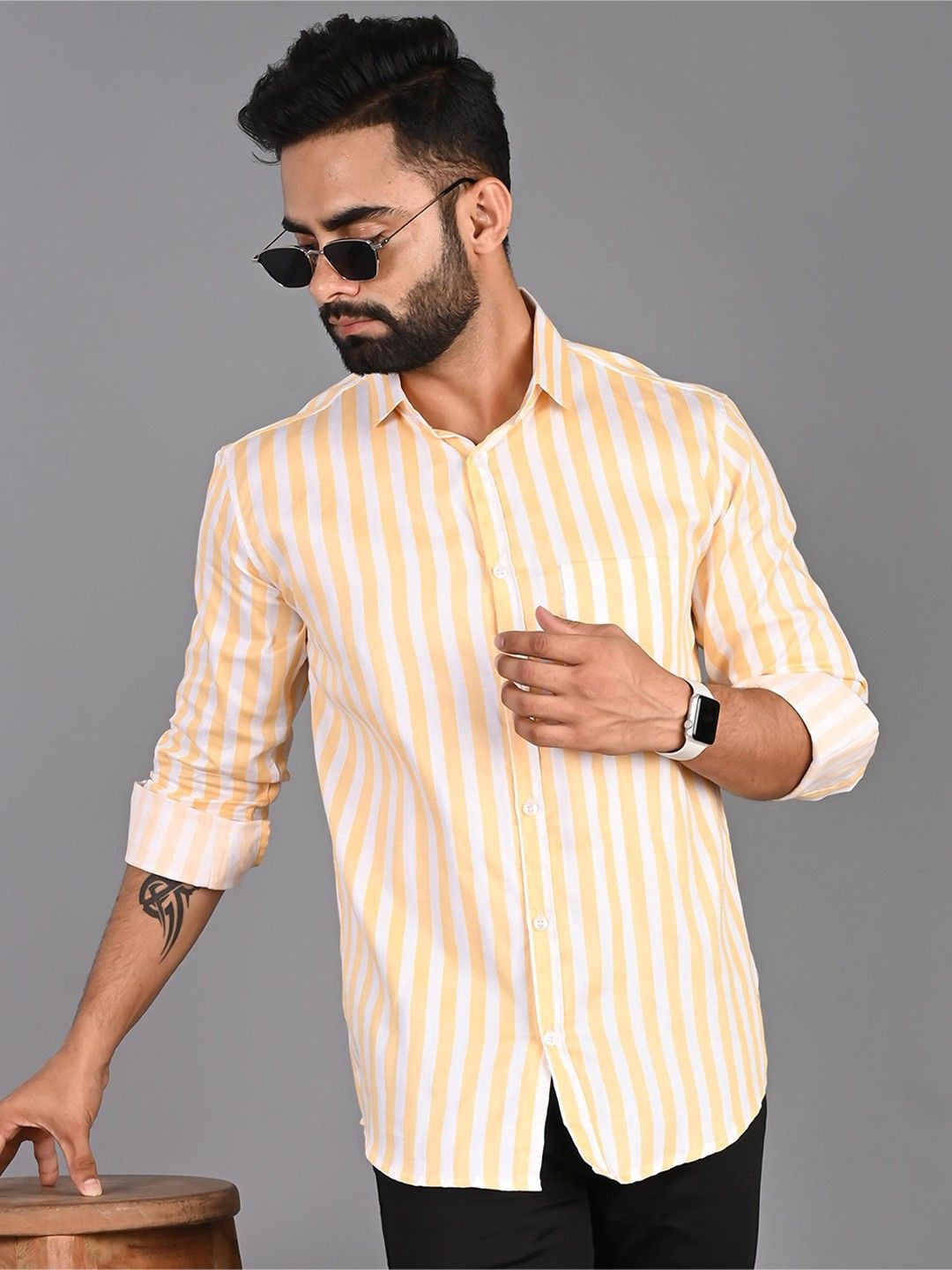 

PulseIQ Men Slim Fit Multi Stripes Opaque Striped Casual Shirt, Yellow
