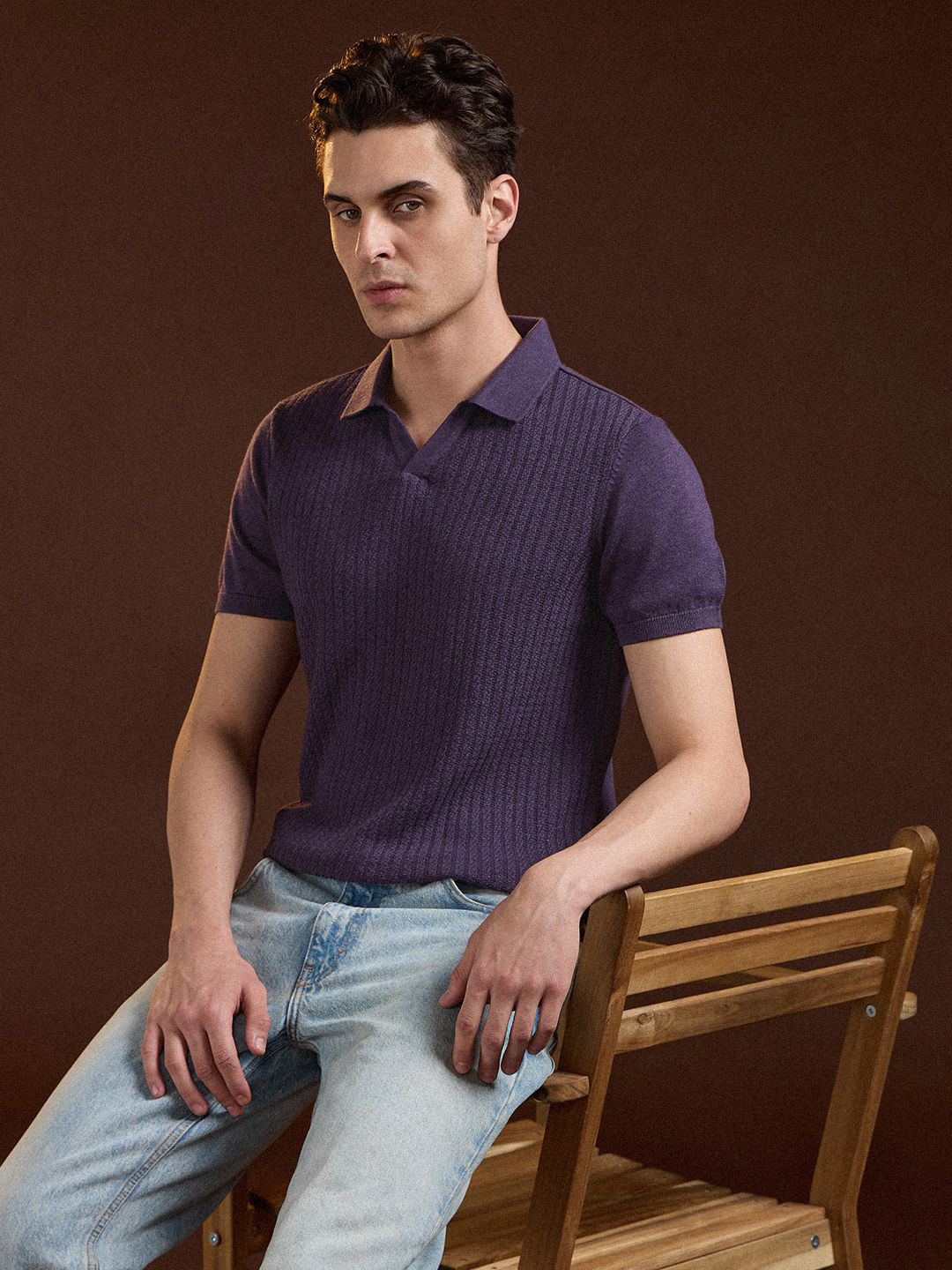 

THE BEAR HOUSE Men Polo Collar Slim Fit T-shirt, Purple