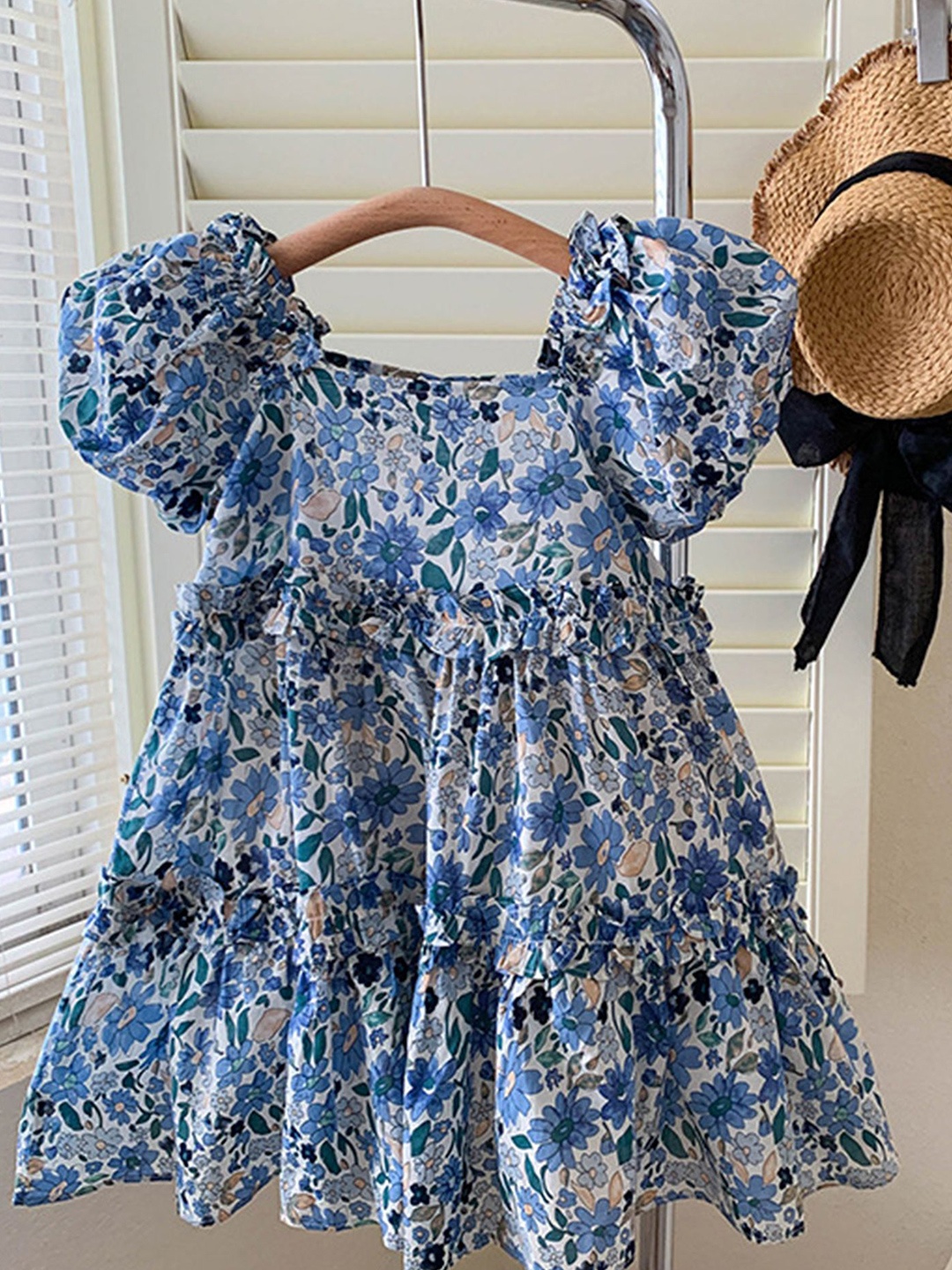 

LULU & SKY Floral Print Puff Sleeve A-Line Dress, Blue