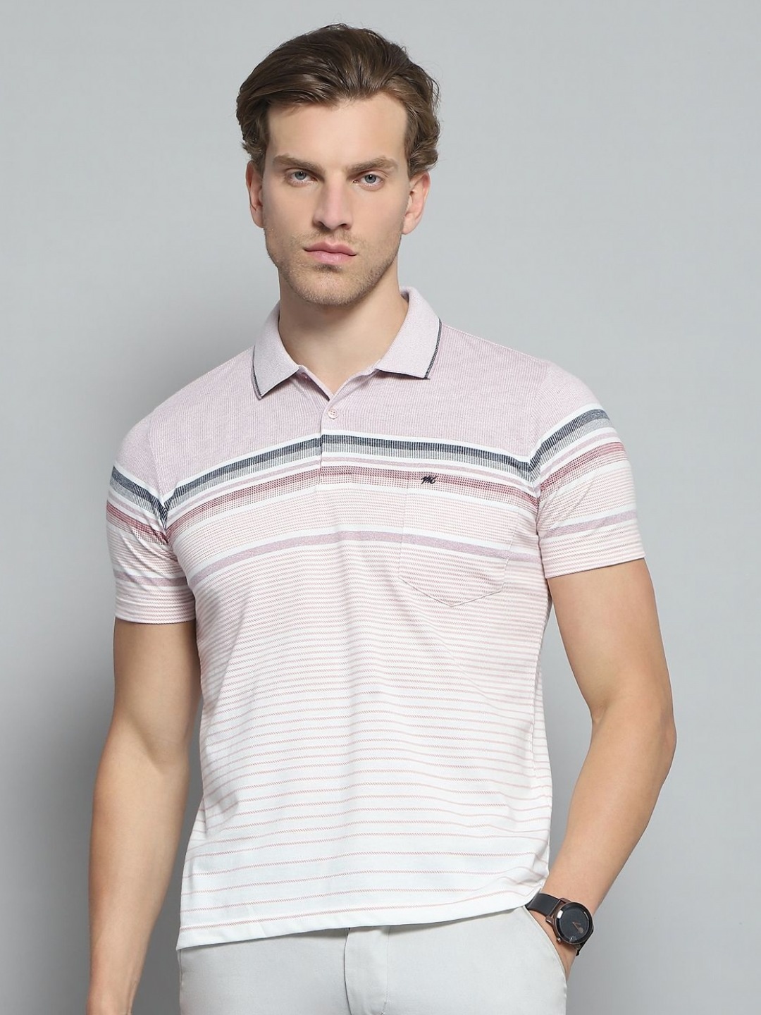 

Monte Carlo Men Striped Polo Collar Pockets T-shirt, Pink