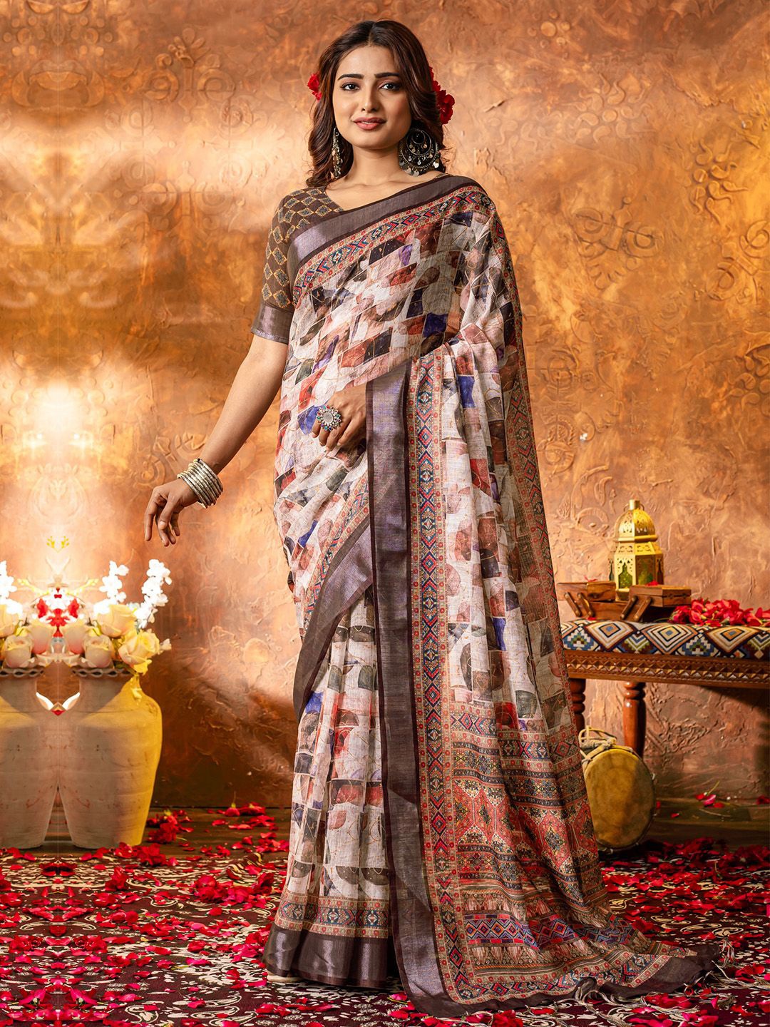 

Saree mall Zari Linen Blend Block Print Sarees, Beige