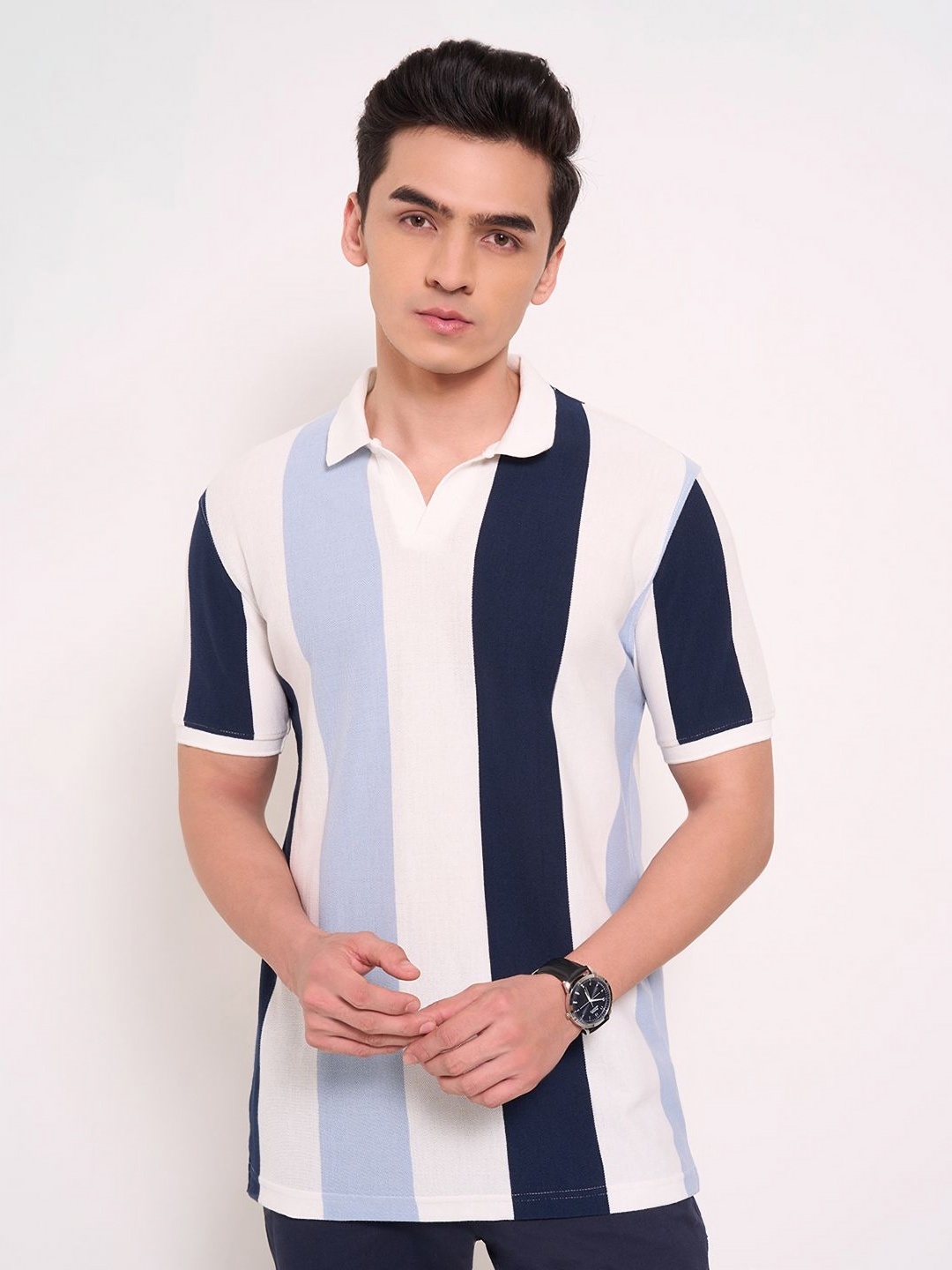

Peregrine by Pantaloons Men Striped Polo Collar Applique T-shirt, White