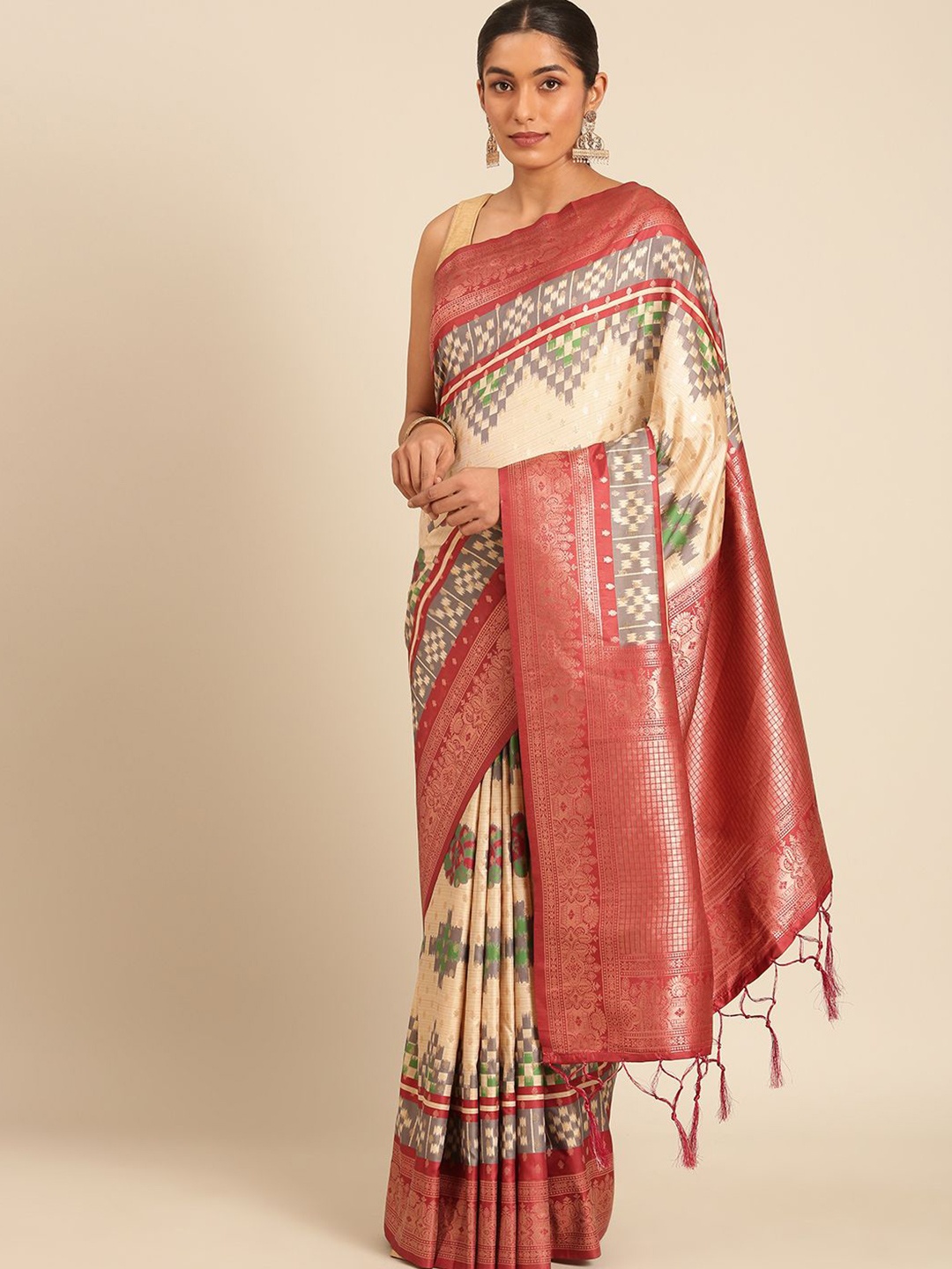 

LeeliPeeri Designer Woven Design Zari Silk Blend Saree, Cream