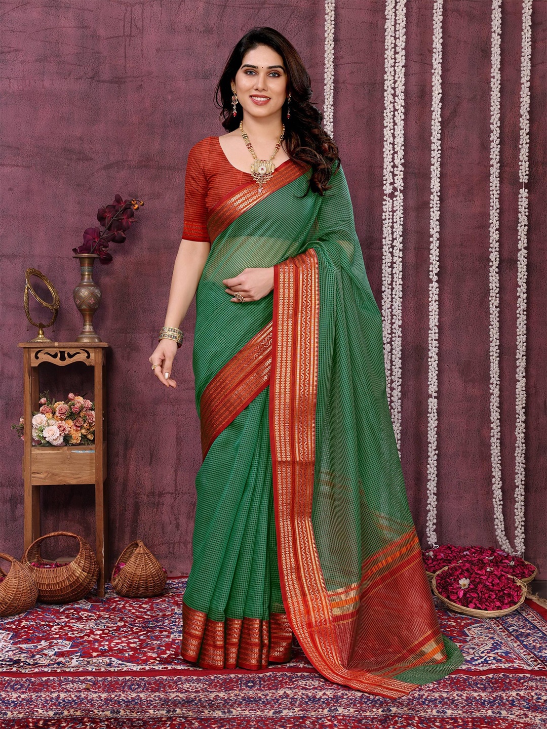 

Moda Rapido Checked Zari Silk Blend Kota Saree, Green