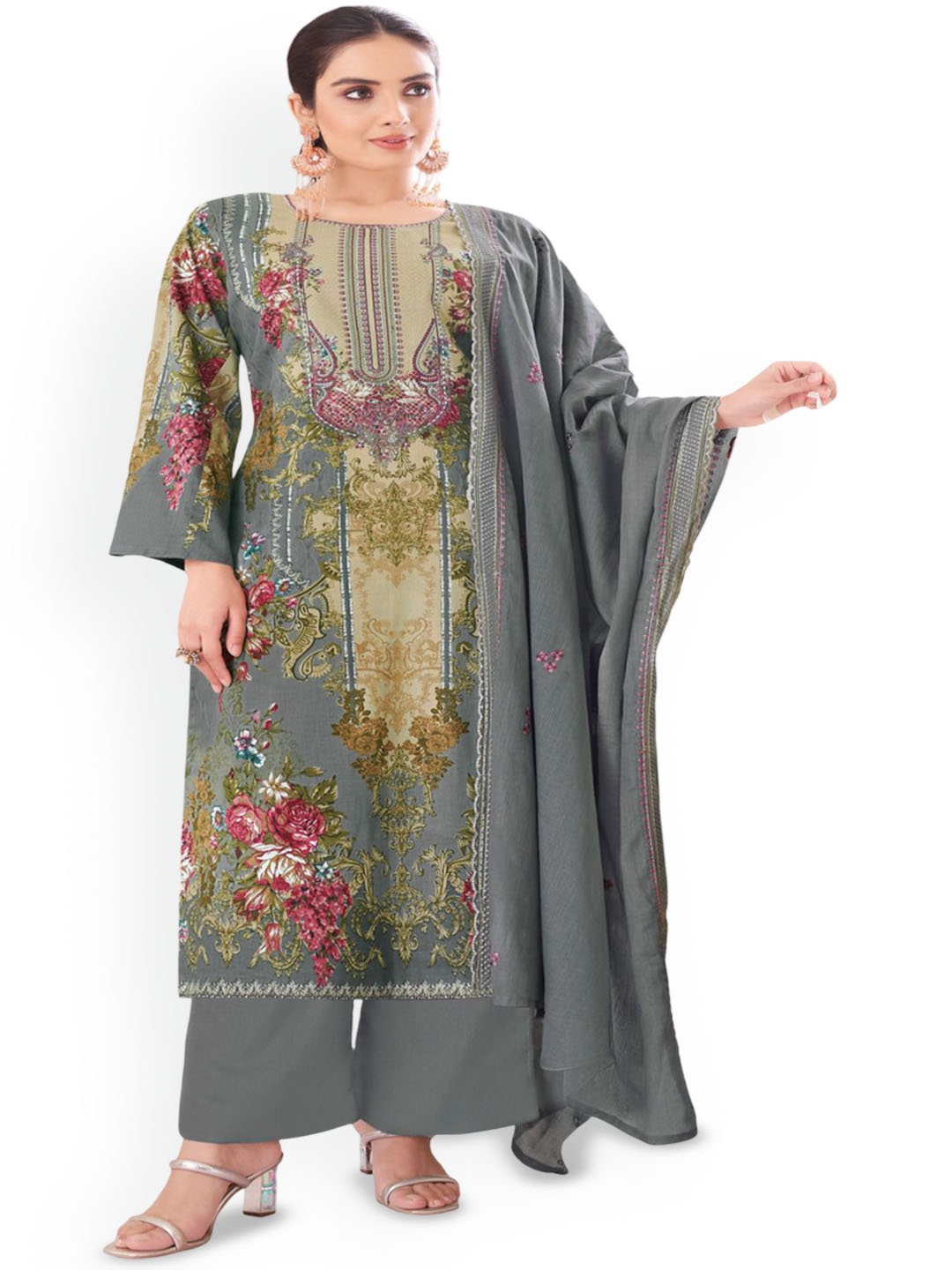 

DRAVINAM Trends Embroidered Pure Cotton Unstitched Dress Material, Grey