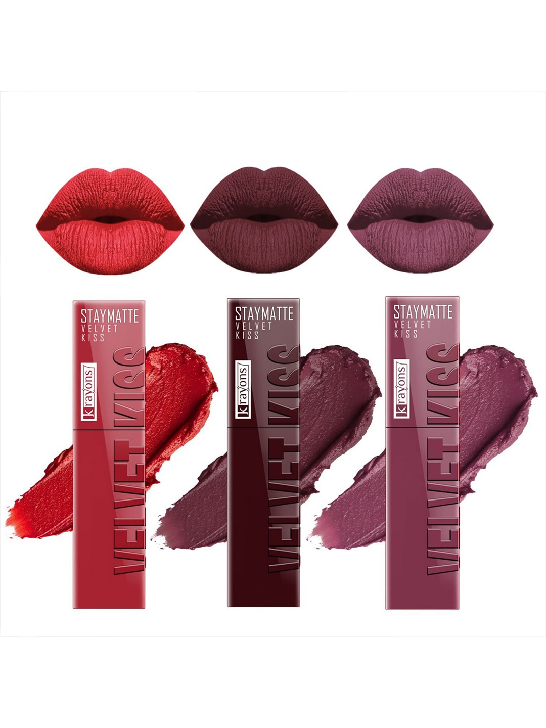 

krayons StayMatte Velvet Kiss Set Of 3 Liquid Lipstick- 3.5 ml - Shades: 01-02-04, Red