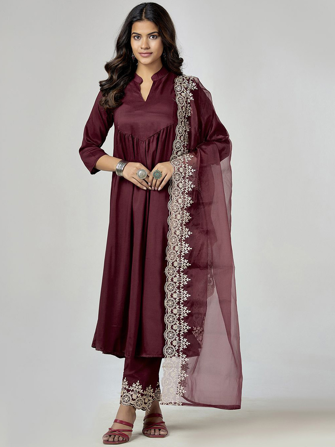 

Anouk Rustic Women Ethnic Motifs Pleated Thread Work Kurta with Trousers & With Dupatta, Maroon