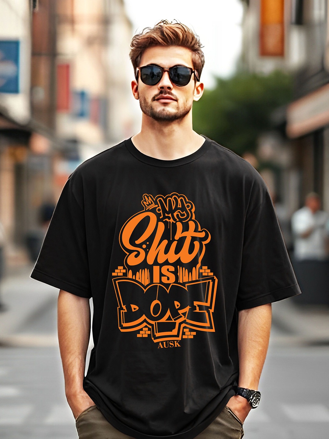 

AUSK Men Printed Raw Edge T-shirt, Black