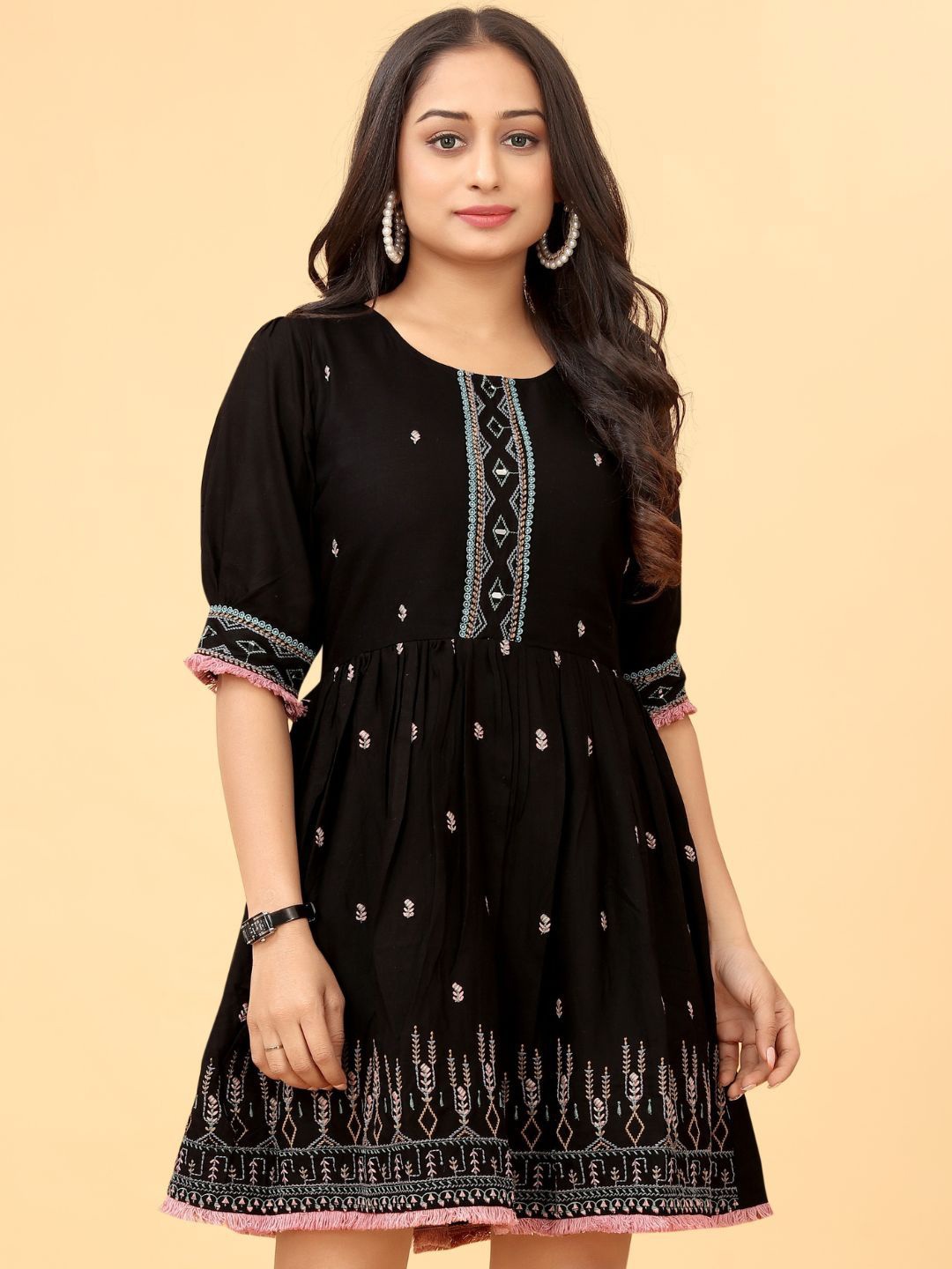 

Puretouch Ethnic Motifs Embroidered Cotton Fit & Flare Ethnic Dress, Black