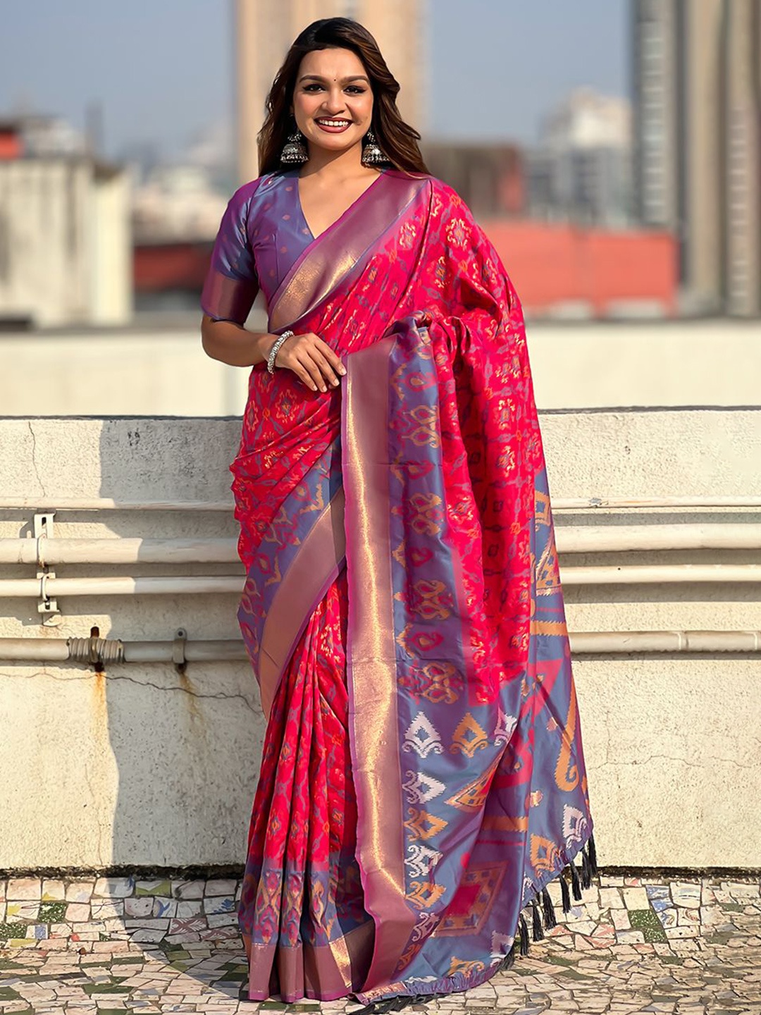 

all about you Woven Design Zari Silk Blend Patola Saree, Pink