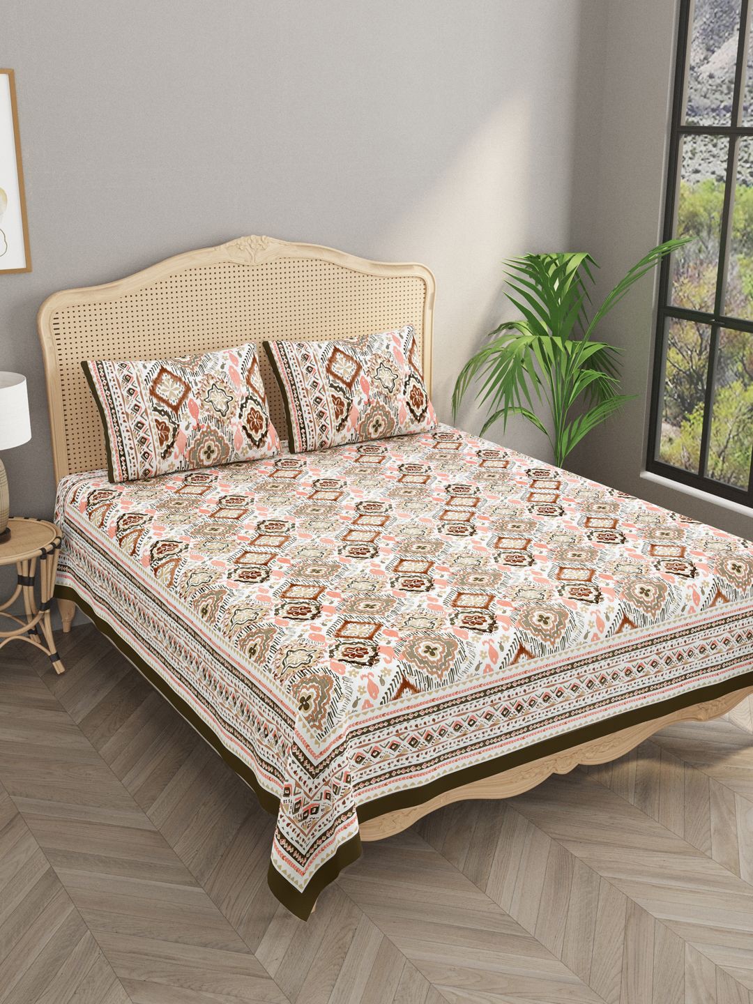 

Gulaab Jaipur Cream-Coloured & Brown Geometric 400 TC King Bedsheet with 2 Pillow Covers