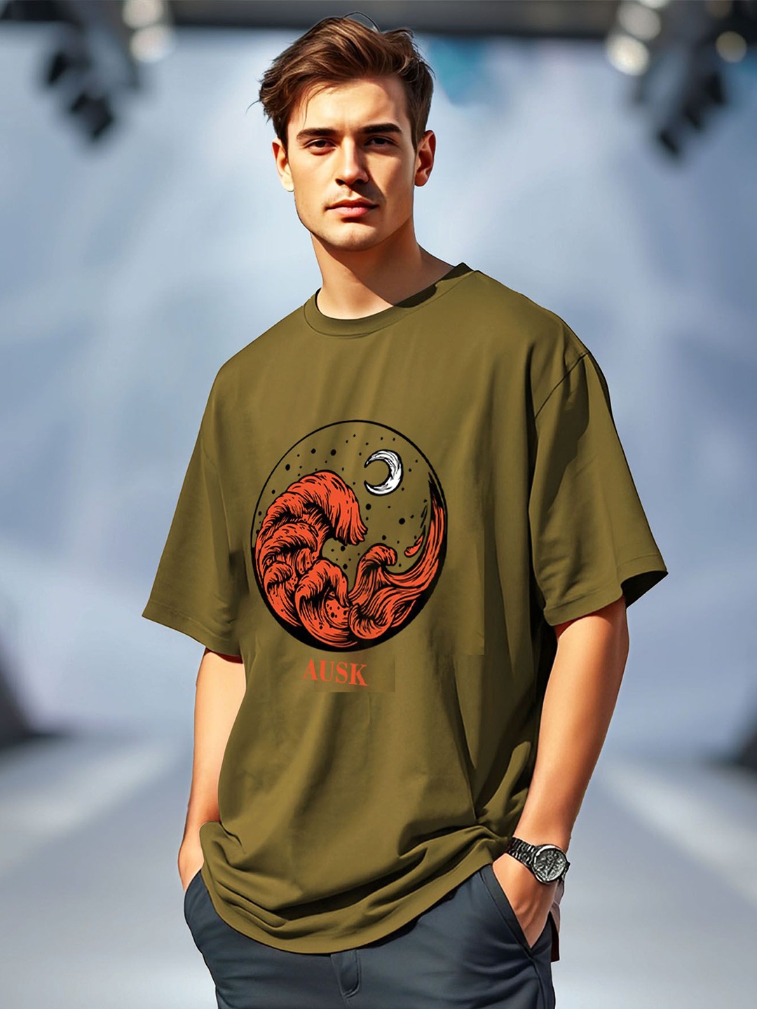 

AUSK Men Printed Drop-Shoulder Sleeves Applique T-shirt, Green
