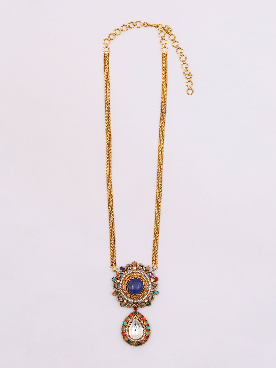 

Exotic India Textured Chain Multicolor Stone Studded Long Necklace Set With Earrings, Gold