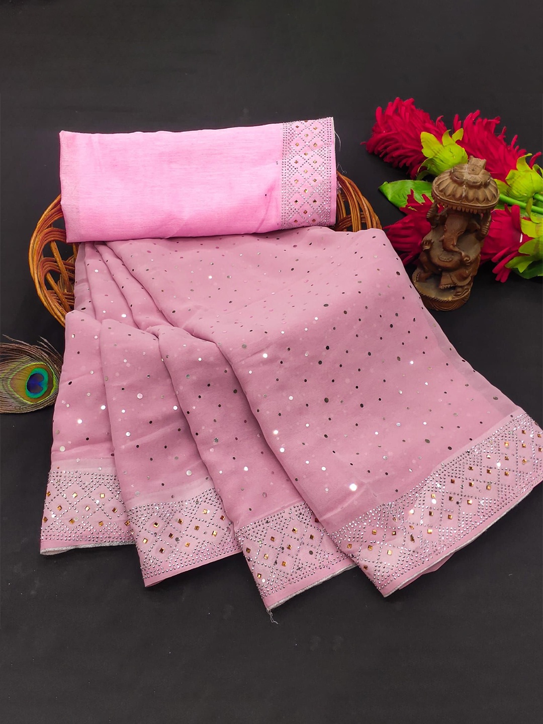 

PAYAL CREATION Embellished Mirror Work Pure Georgette Saree, Pink