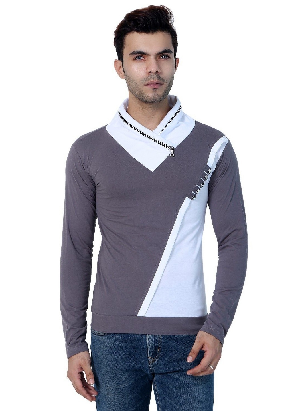 

Black Collection Men Colourblocked V-Neck T-shirt, Silver