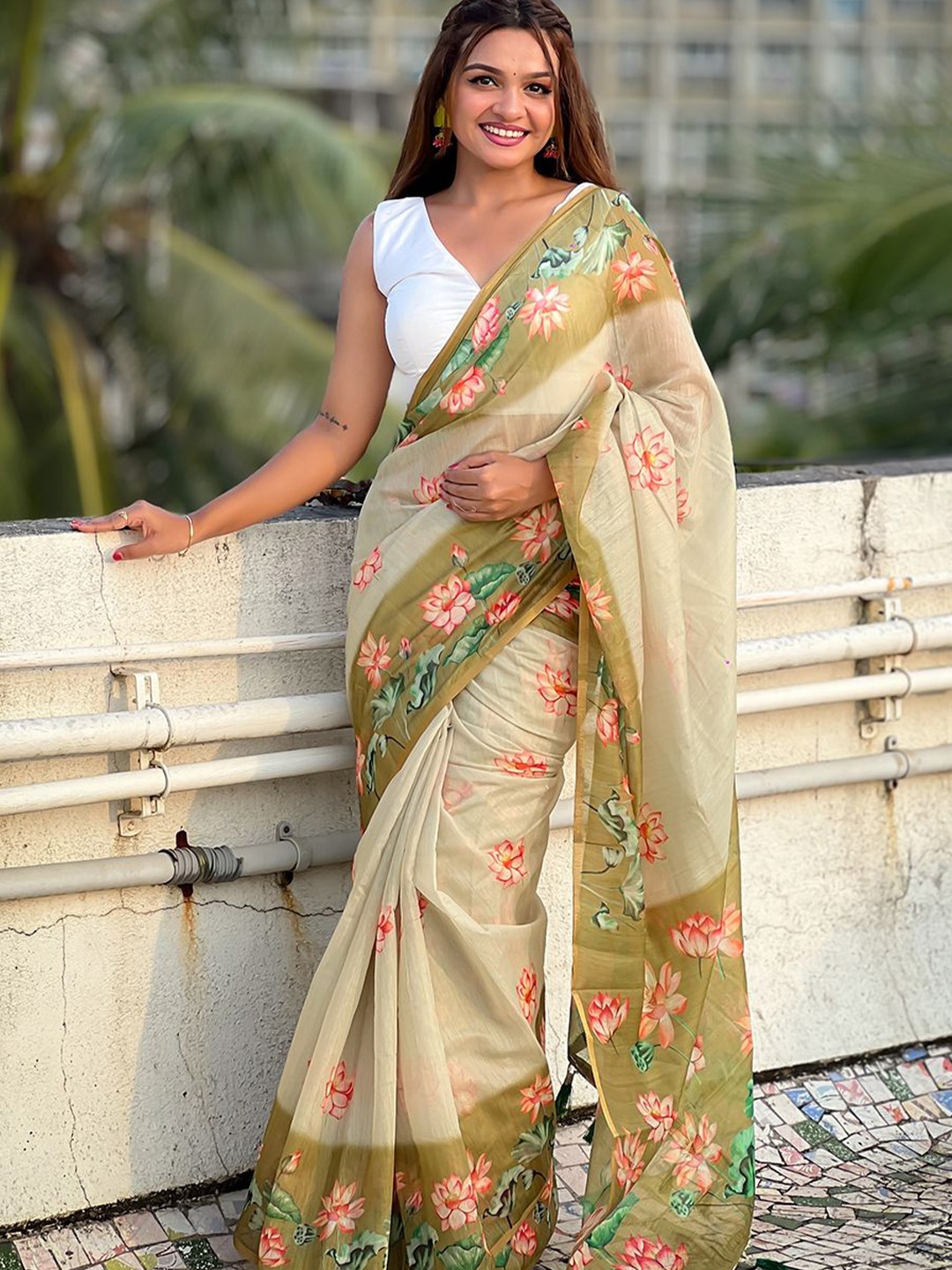 

all about you Floral Chanderi Saree, Olive