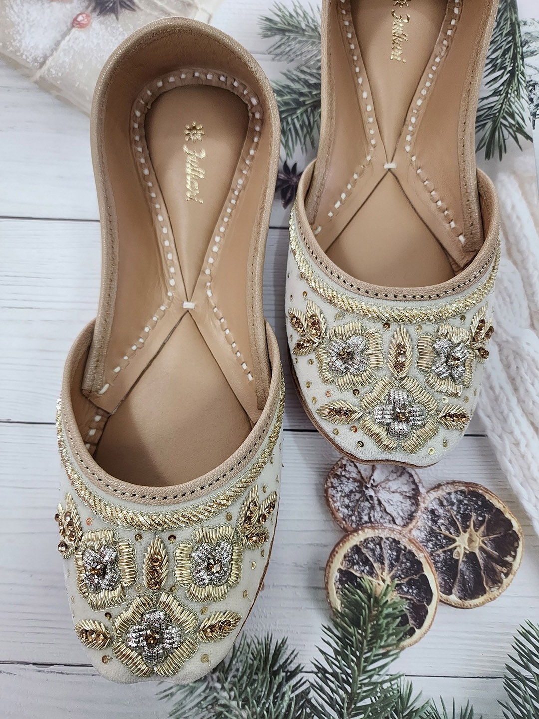 

Fulkari Women Embellished Ethnic Mojaris Flats, Beige