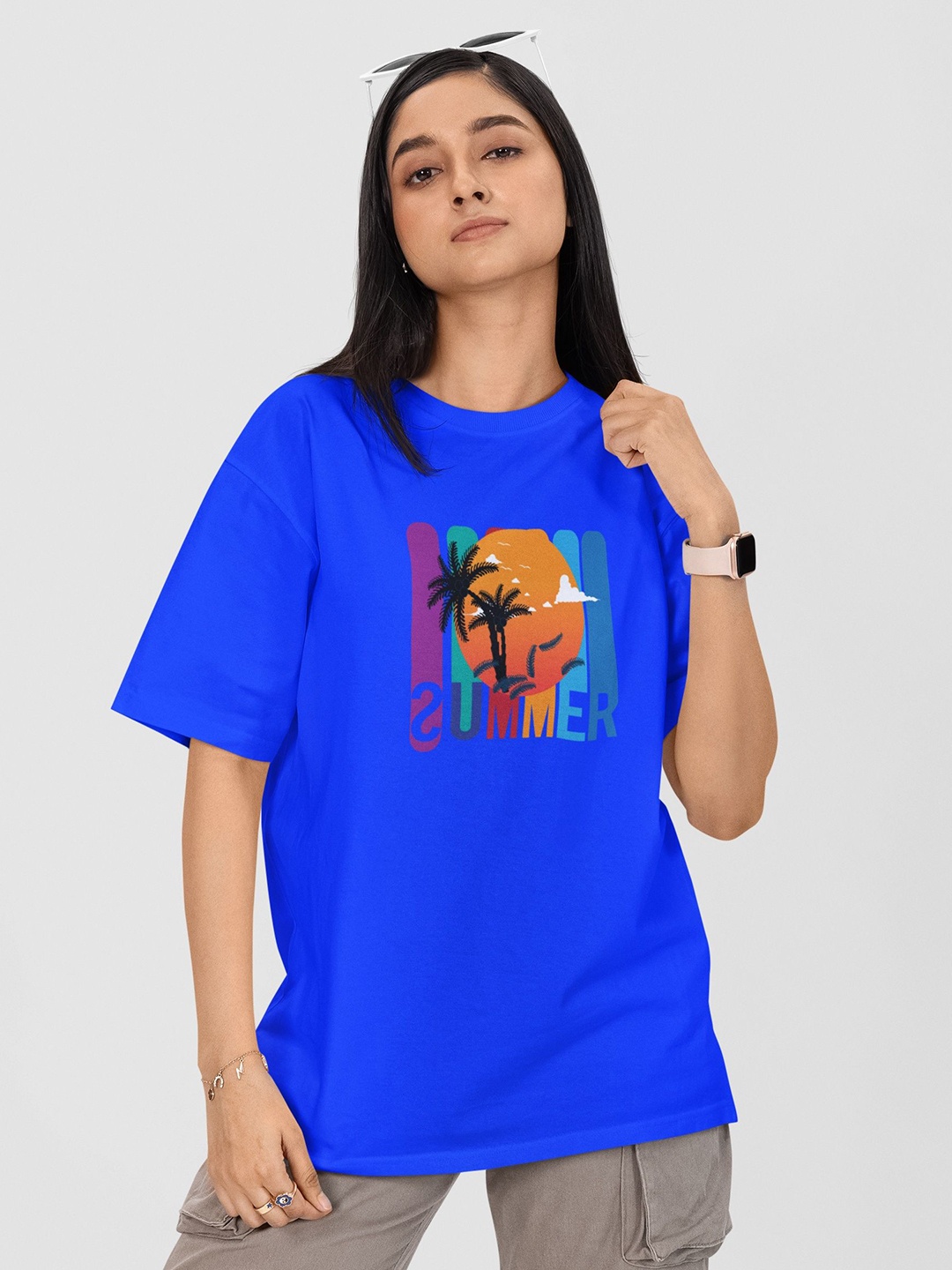 

Moda Rapido Women Printed Drop-Shoulder Sleeves Pockets T-shirt, Blue