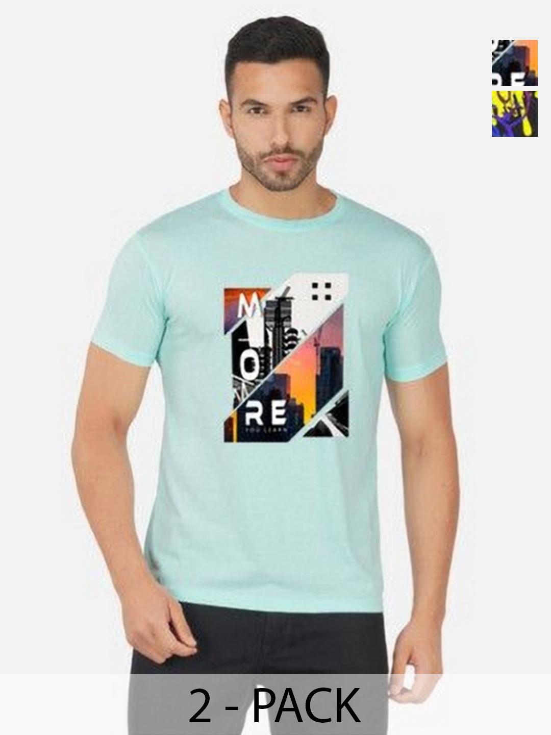 

GLOBAL NOMAD Men 2 Printed Bio Finish Applique T-shirt, Turquoise blue