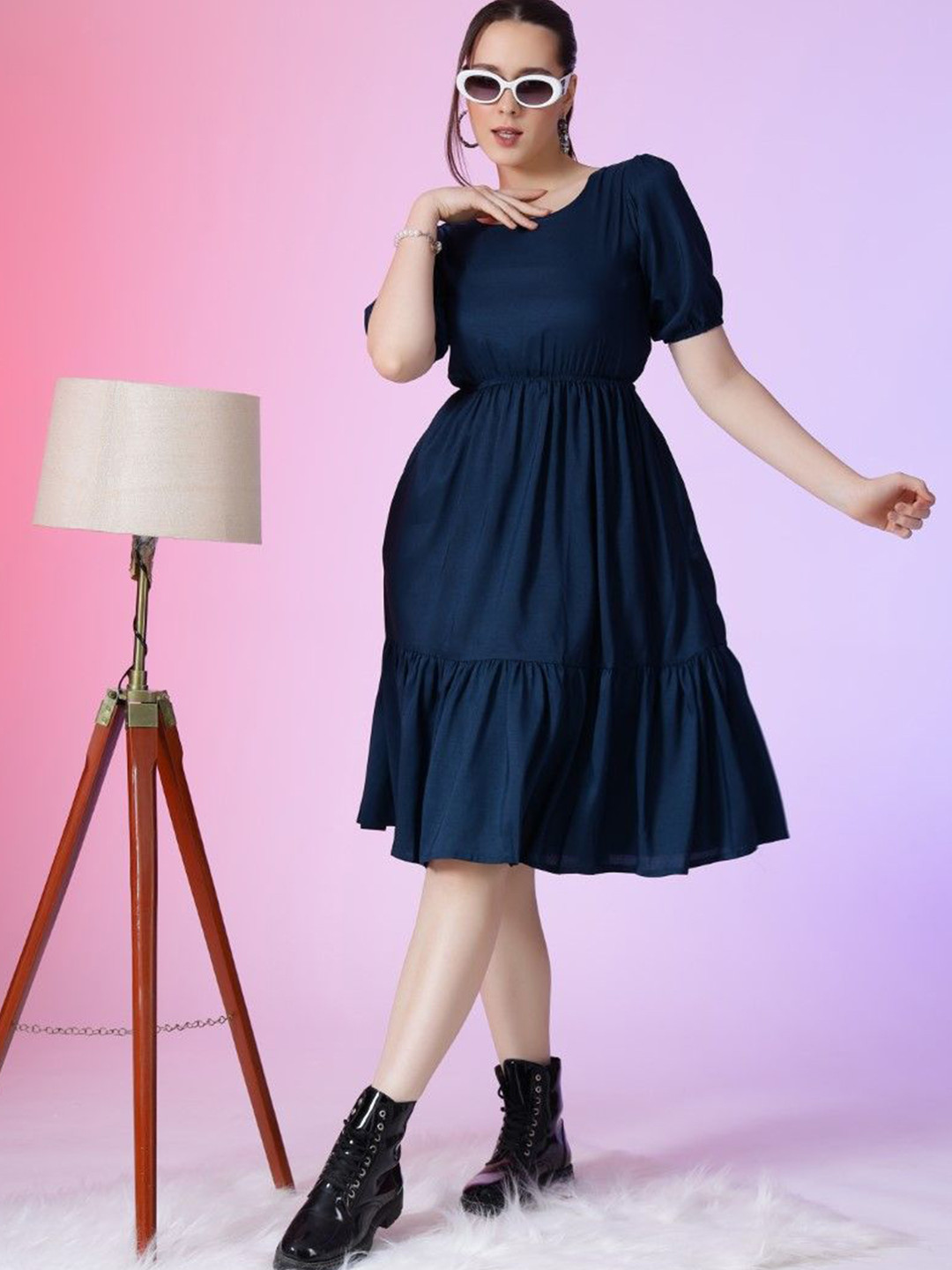 

Jash Creation Puff Sleeve Applique Fit & Flare Dress, Blue
