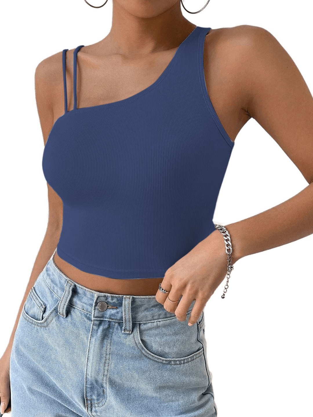 

classy fashion One Shoulder Cotton Crop Top, Blue