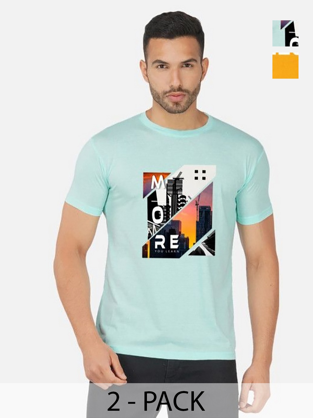 

GLOBAL NOMAD Men 2 Printed Bio Finish Applique T-shirt, Turquoise blue