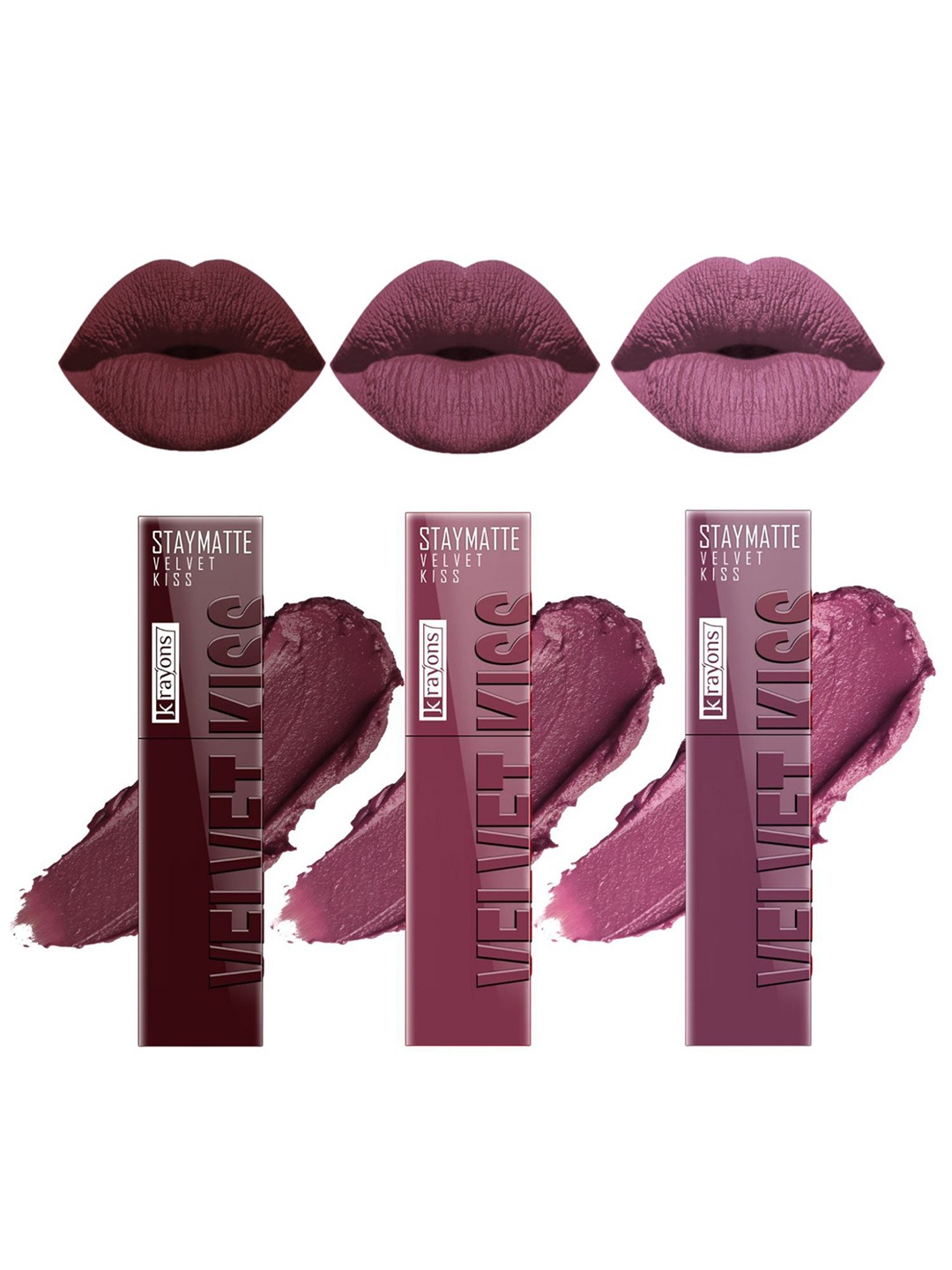 

krayons StayMatte Velvet Kiss Set Of 3 Liquid Lipstick Orchid Love - Dusty Mauve - Maroon, Pink