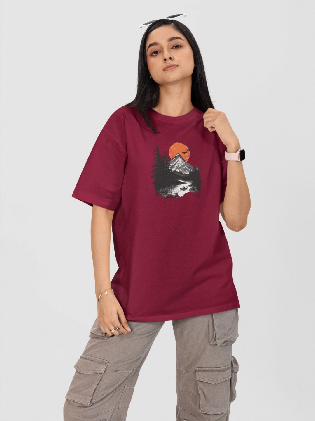 

Moda Rapido Women Printed Drop-Shoulder Sleeves Pockets T-shirt, Maroon