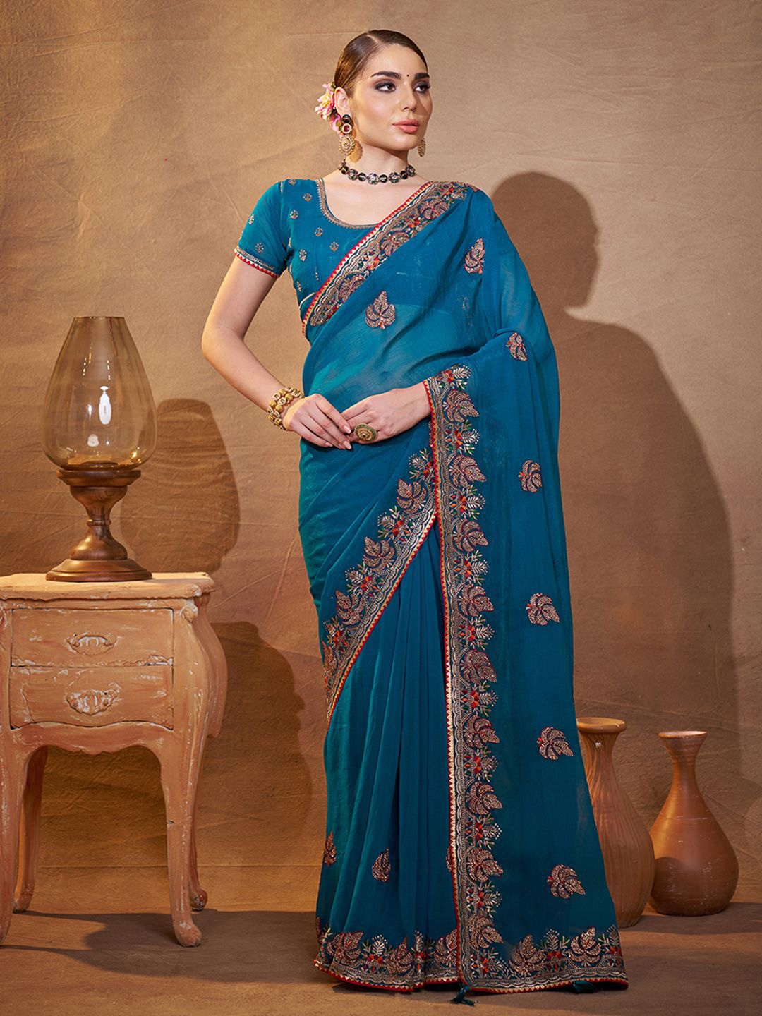 

modeva Embellished Embroidered Satin Saree, Teal