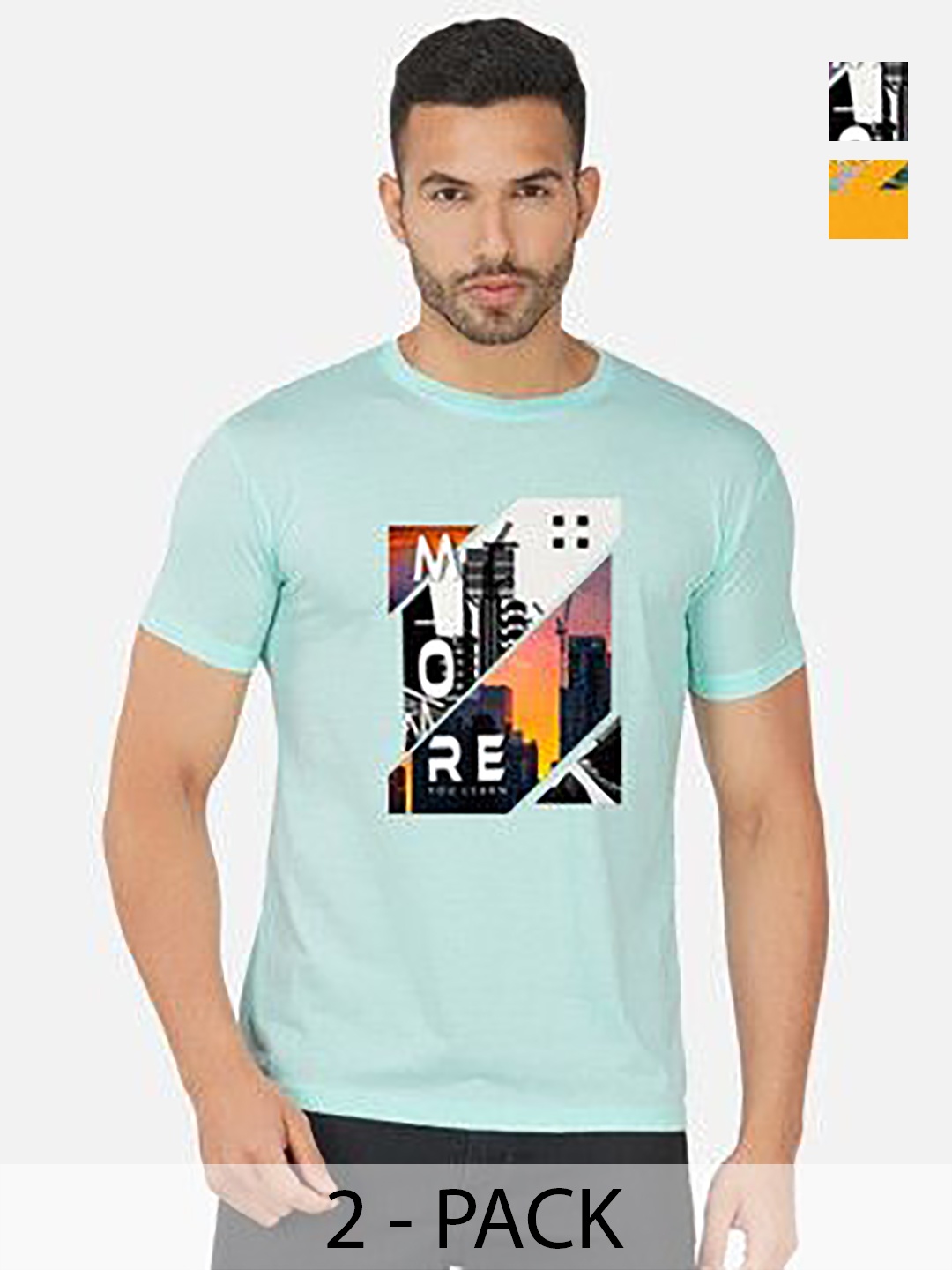 

GLOBAL NOMAD Men 2 Printed Bio Finish Applique T-shirt, Turquoise blue