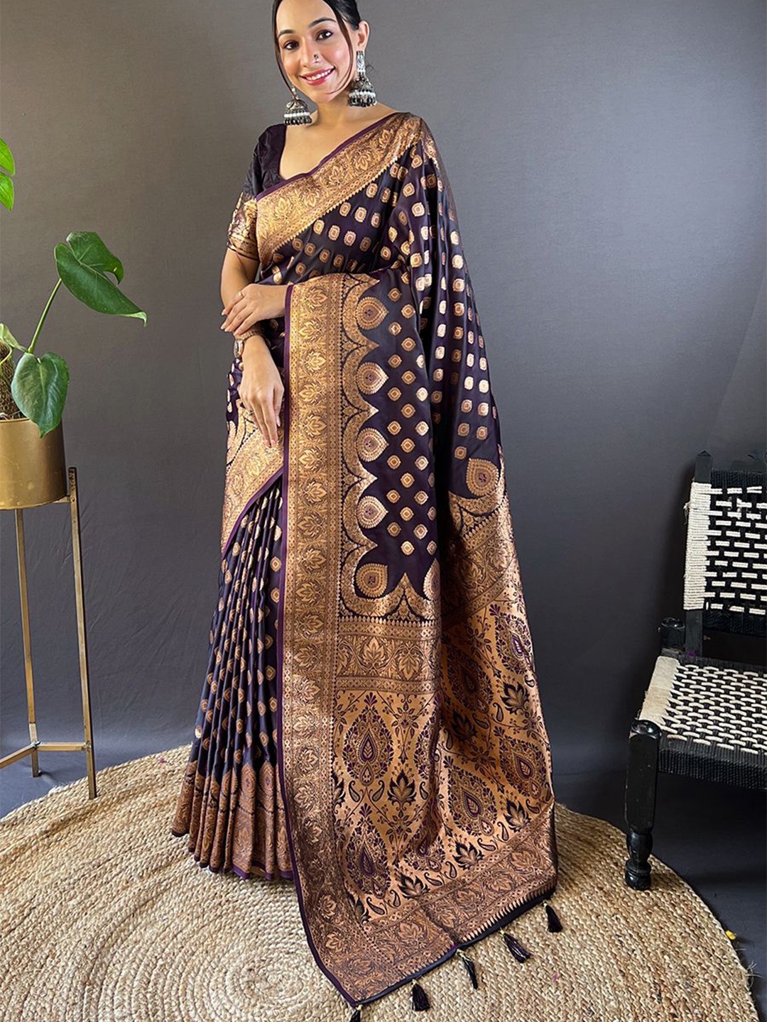 

all about you Woven Design Zari Satin Banarasi Saree, Burgundy