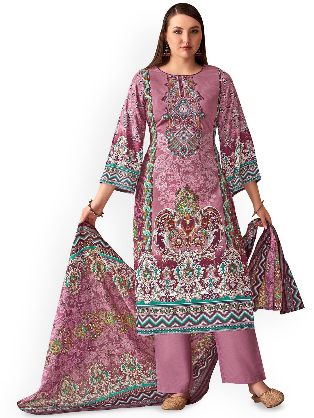 

DRAVINAM Trends Embroidered Viscose Rayon Unstitched Dress Material, Pink