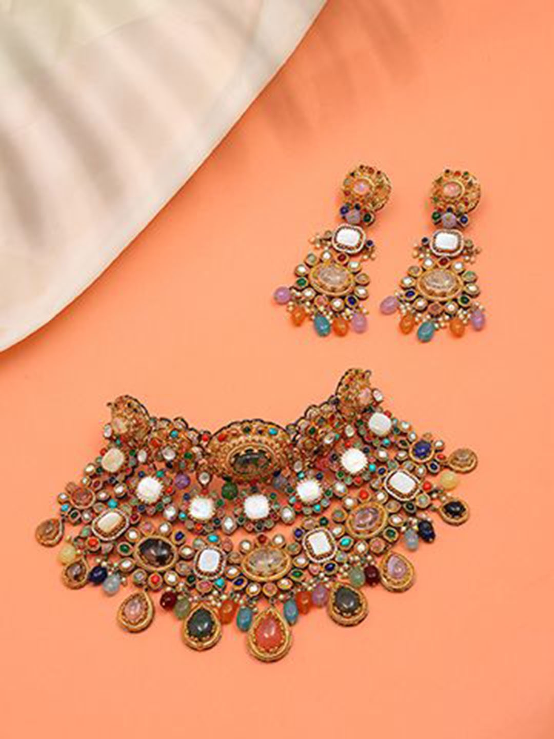 

Exotic India Padmavati Multi Stone Studded Choker Necklace Set With Earrings, Gold